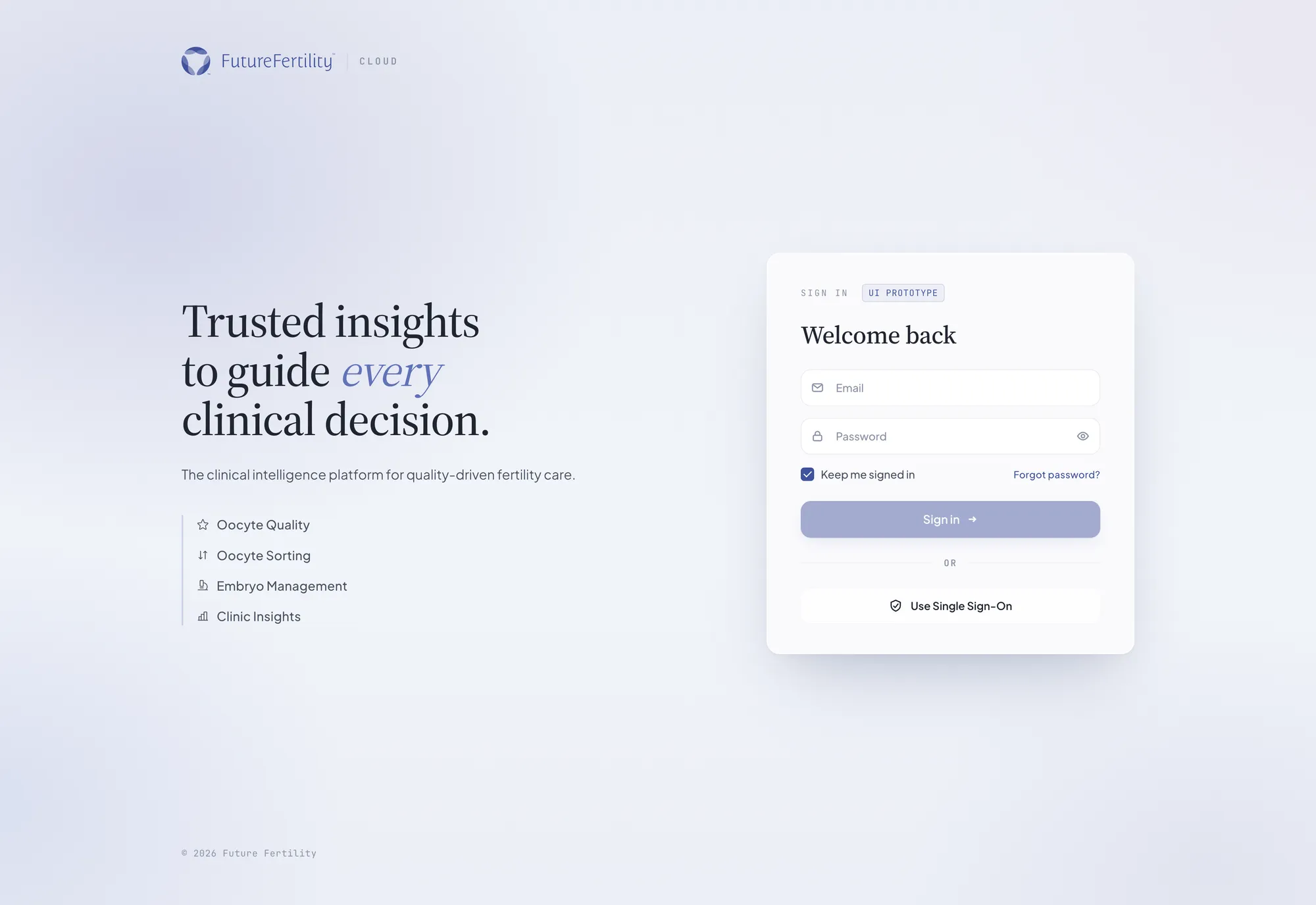 The redesigned Future Fertility Cloud platform — a warm-clinical sign-in screen for an AI fertility intelligence platform