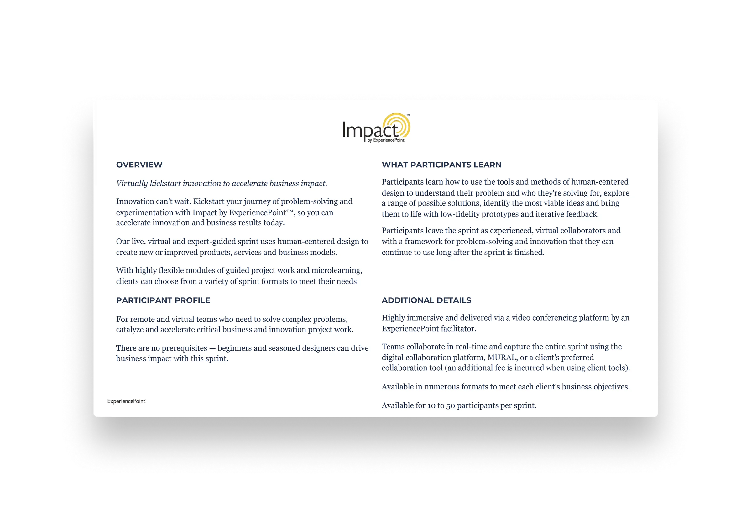 Impact by ExperiencePoint product overview — a virtual, expert-guided design sprint using human-centered design