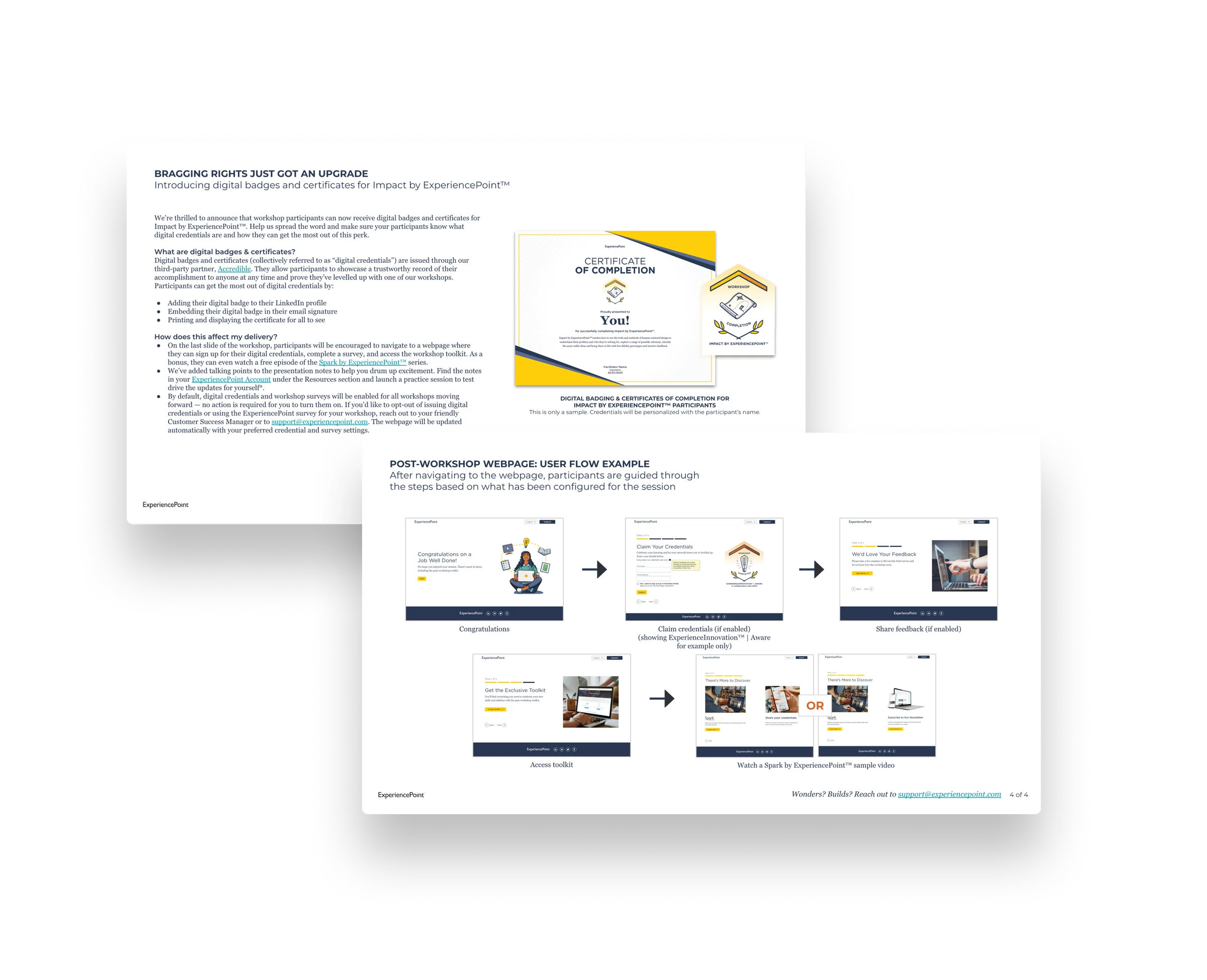 Digital badges and certificates for Impact, plus the post-workshop webpage flow