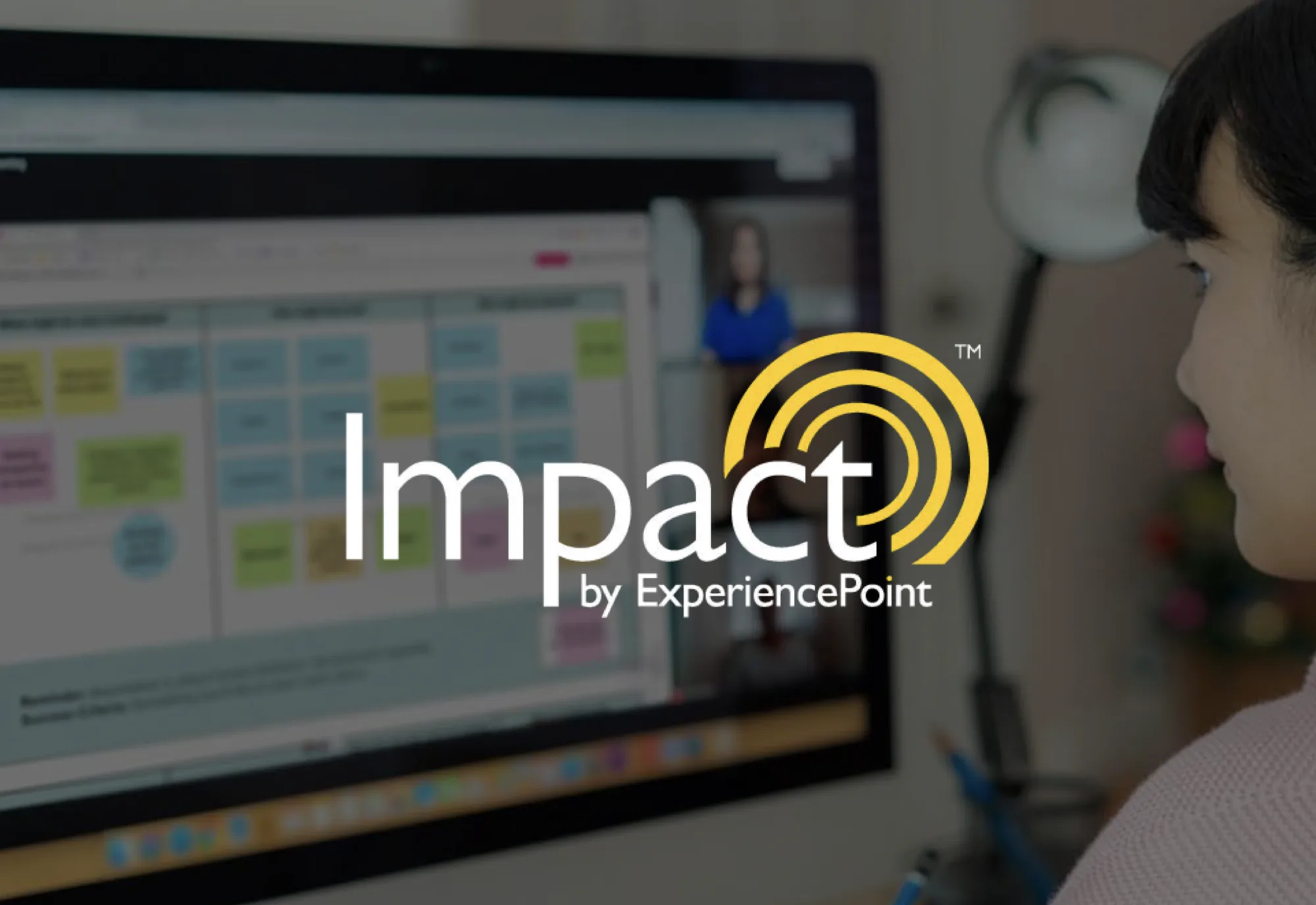 A participant in an Impact by ExperiencePoint virtual design sprint, working on a shared digital whiteboard with a facilitator on video