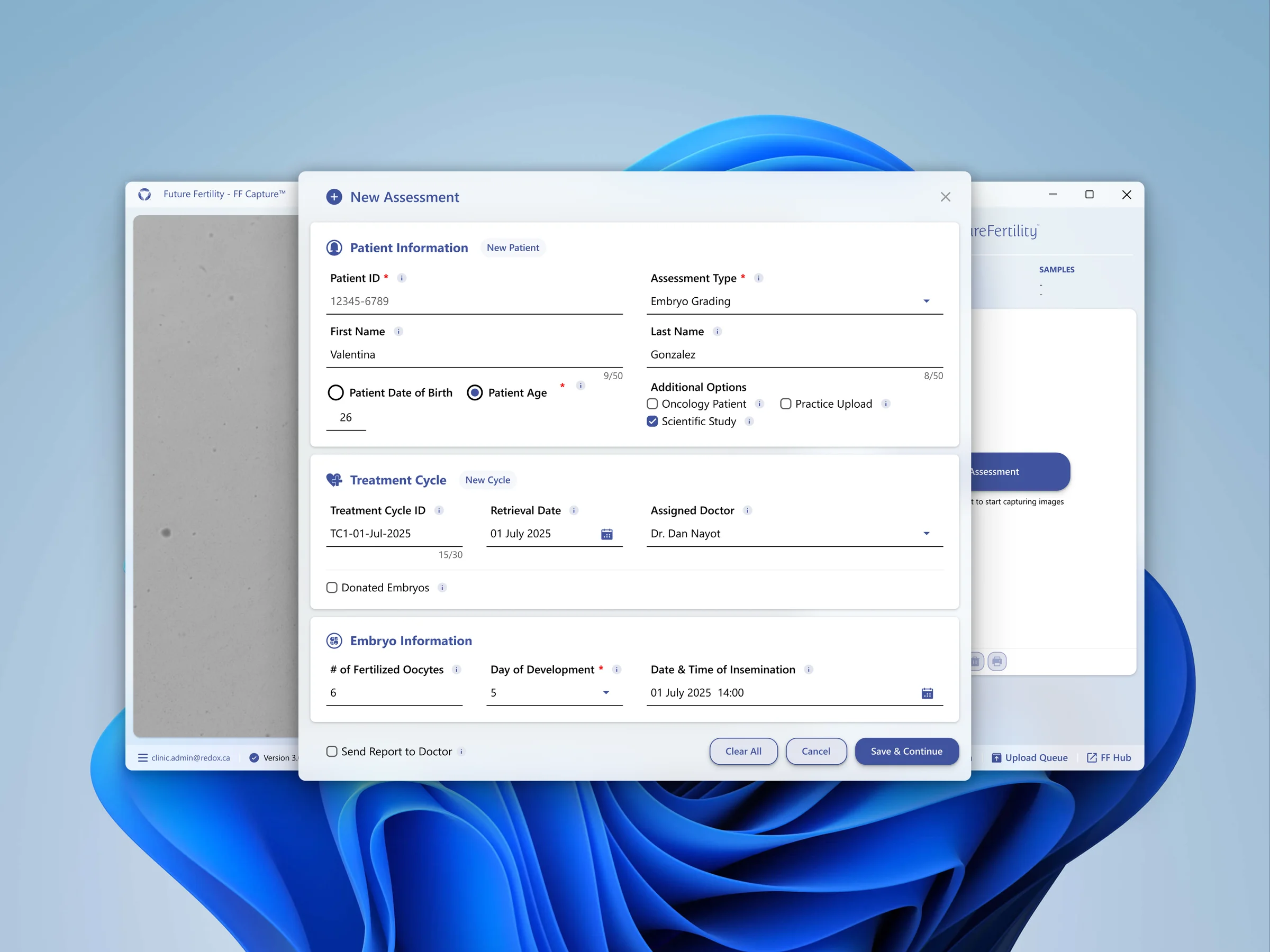 Redesigned New Assessment intake — patient, cycle, and embryo information grouped semantically