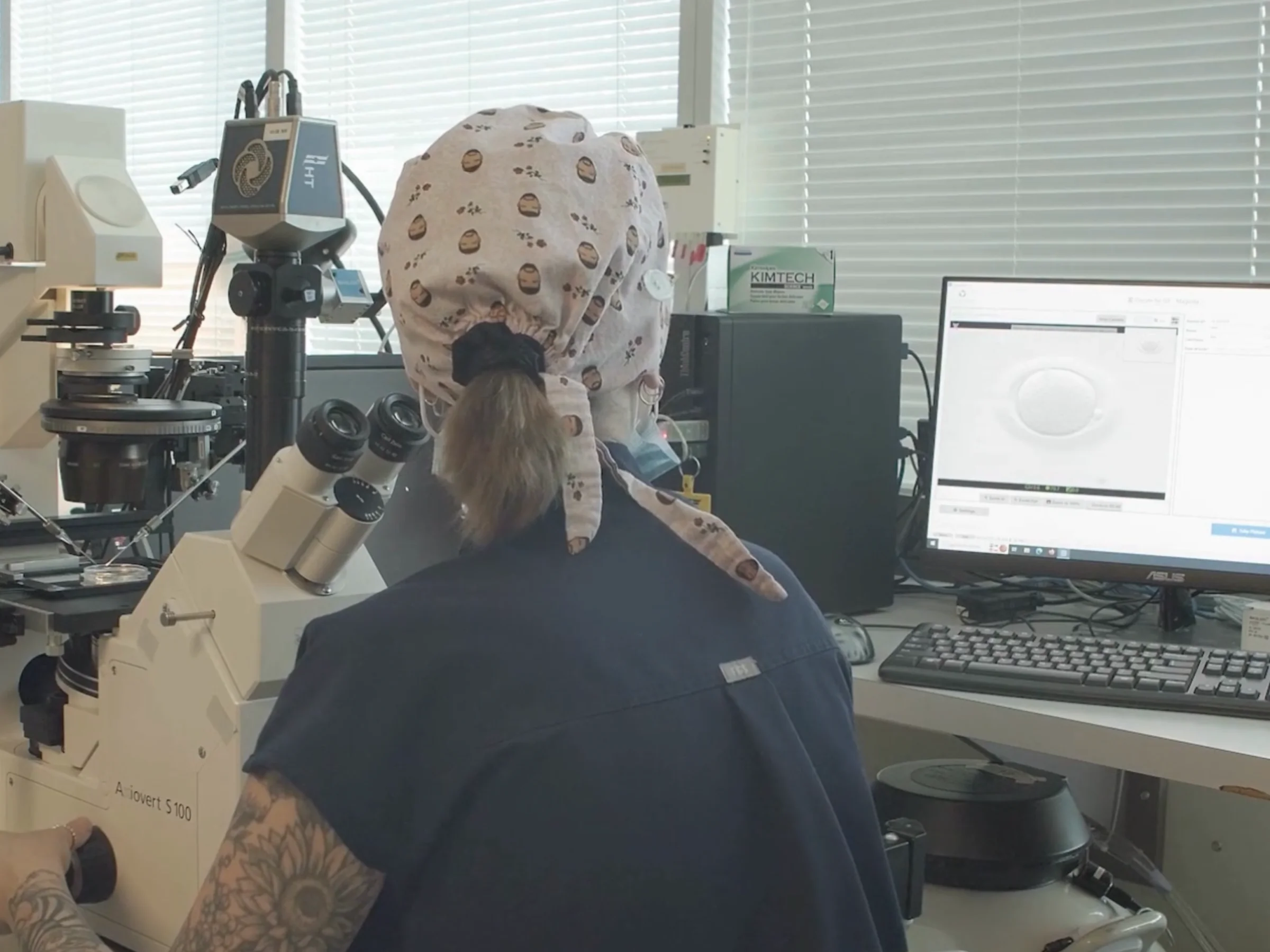 An embryologist using FF Capture at the microscope station