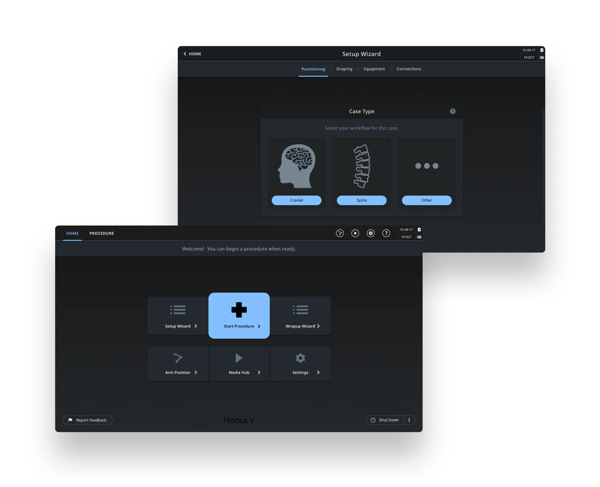 Redesigned Modus X operator touchscreen UI — setup wizard and procedure home